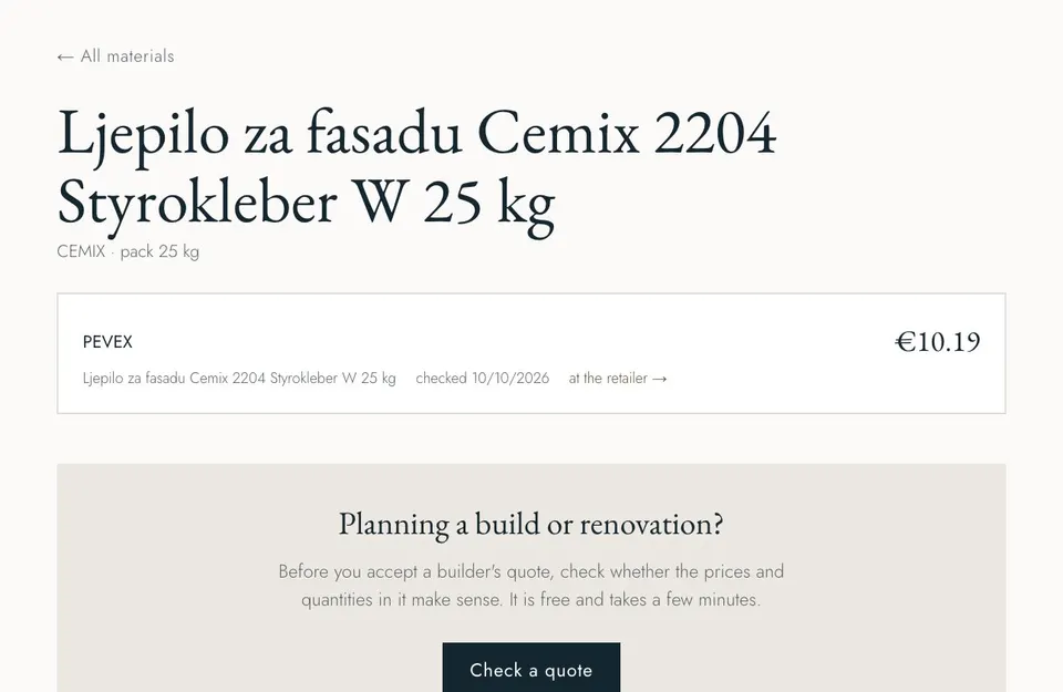 A product page in Atrij's building material prices: a 25 kg facade adhesive, the retailer, the price, the date it was last checked and a link to the retailer, with a prompt below to check a builder's quote.