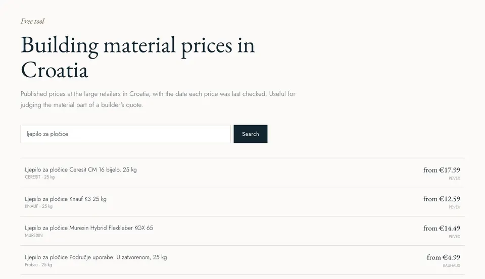 Iskanje „ljepilo za pločice“ (lepilo za ploščice) v Atrijevih cenah gradbenega materiala: imena izdelkov, kot jih navajajo trgovci, velikost pakiranja, cena „od“ in trgovec pri vsakem rezultatu.