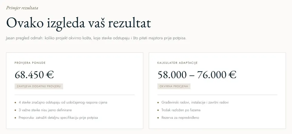 Atrij's sample result page (in Croatian): on the left a quote check with a total, a “needs further checking” label and three findings; on the right a calculator estimate shown as a range, broken down by phase, with a reserve for the unforeseen.