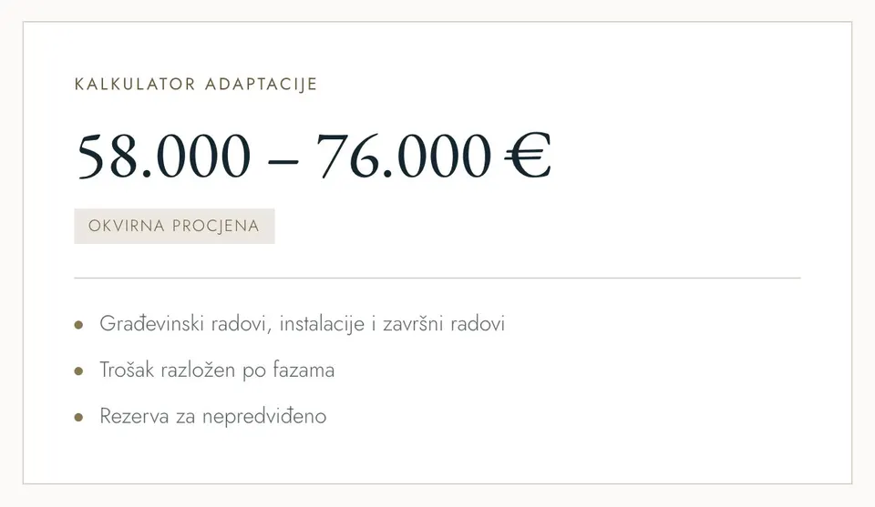 Die Rechner-Karte von der Atrij-Beispielergebnis-Seite (auf Kroatisch): eine grobe Schätzung von 58.000 bis 76.000 Euro mit Bauarbeiten, Installationen und Ausbau, den Kosten nach Phasen und einer Reserve für Unvorhergesehenes. Nur Beispielzahlen.