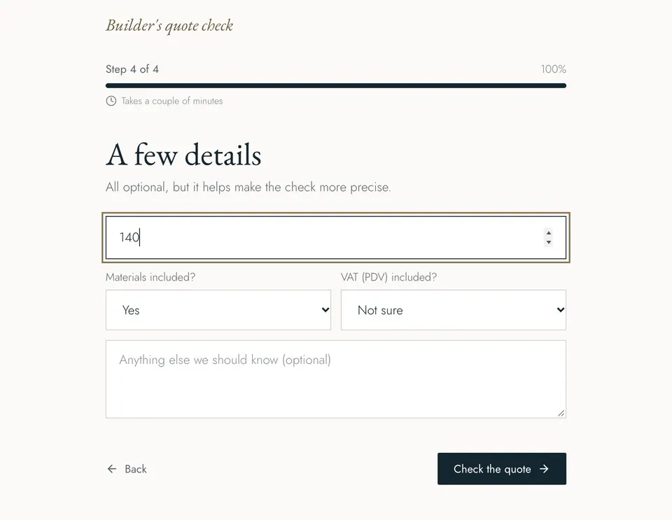 Step 4 of the quote check: floor area, whether materials and VAT (PDV) are included, and a box for anything else. Every field is optional; the button at the bottom sends the quote for checking.