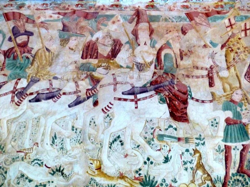Detail of the Adoration of the Magi: riders in rich costume, banners and hunting dogs.