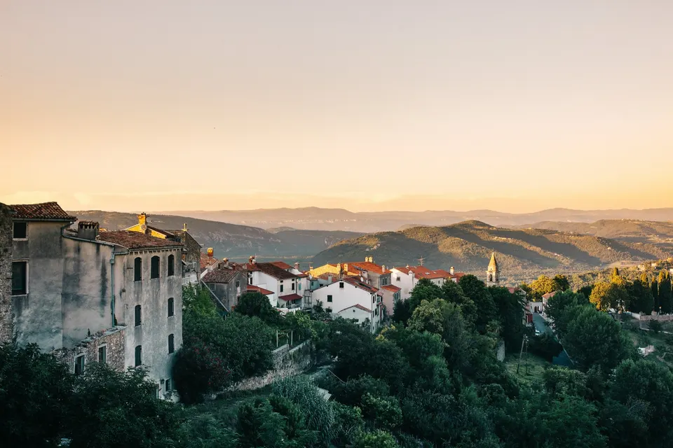Evening light over Motovun and the layered hills of inland Istria.