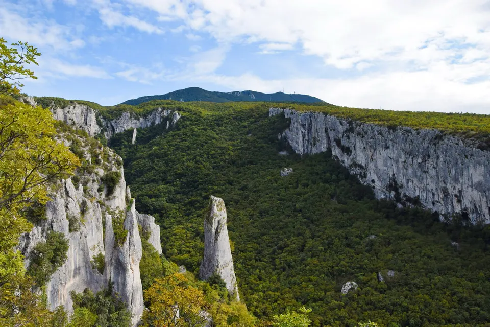 The limestone pillars and cliffs of the Vela Draga canyon, with the ridge of Učka behind.
