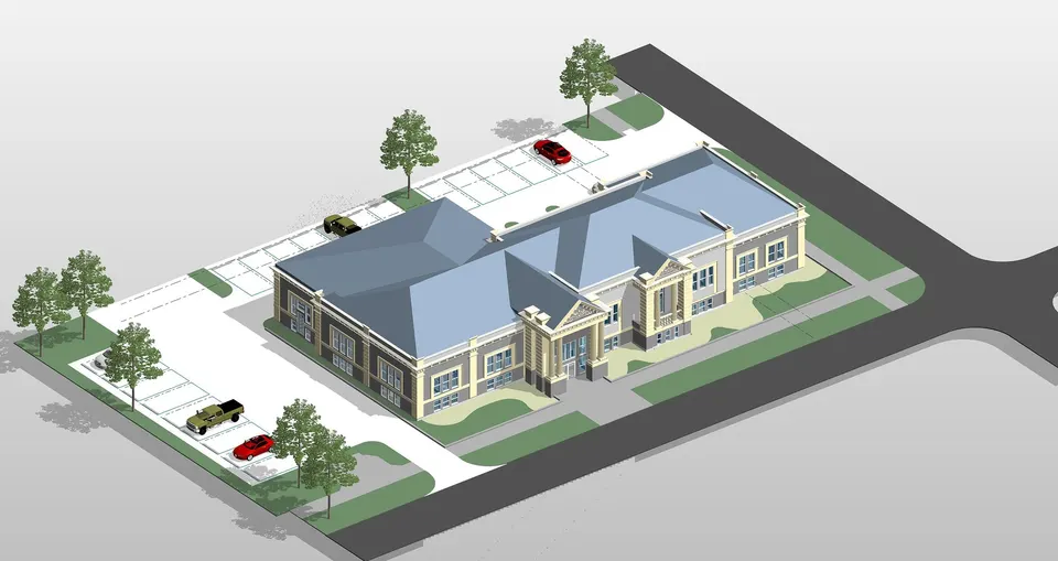 A BIM model of a building and its site: the single shared model that architect, engineers and installers all work into.