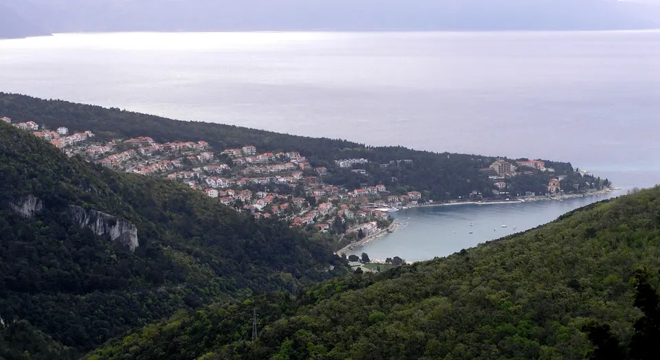 Rabac and its bay seen from the hills near Labin, with the sea stretching towards the islands.