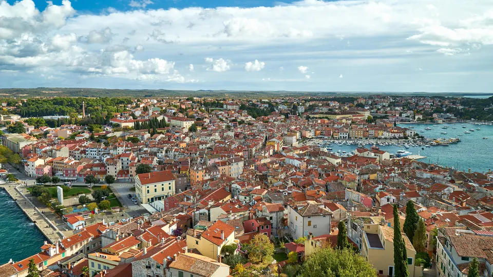 Rovinj seen from the bell tower of St Euphemia, looking east over the roofs.