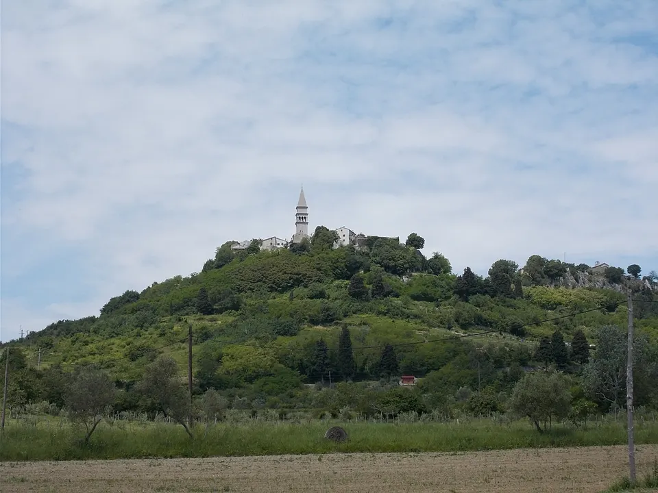 Pićan sulla sua collina boscosa, con l'alto campanile che svetta sopra le case.