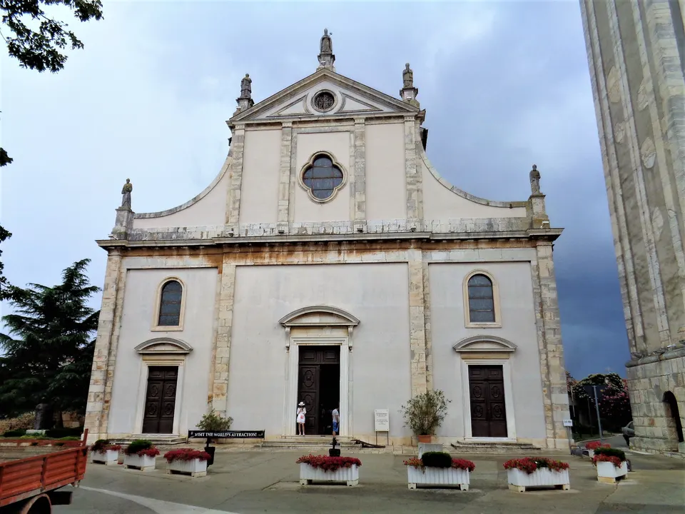 The white facade of the parish church of St Blaise in Vodnjan.