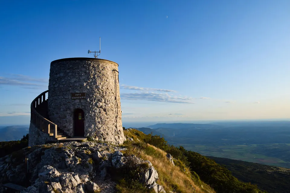 The stone lookout tower on the summit of Vojak, the highest point of Učka.