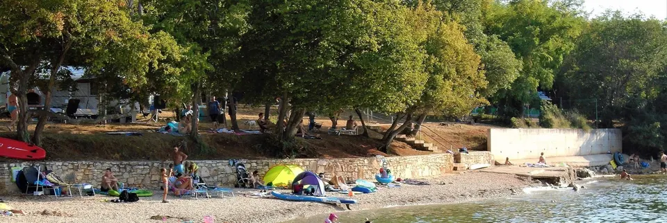 The pebble shore of a marked dog beach at Mareda, north of Novigrad, with trees and a stone wall behind it.