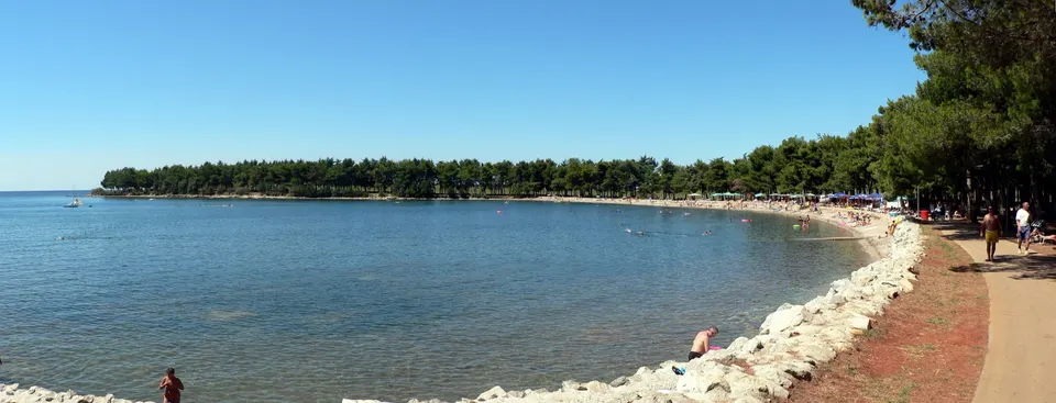 A long curved bay north of Poreč, with a stone shoreline, a seaside path and pine woods along the water.