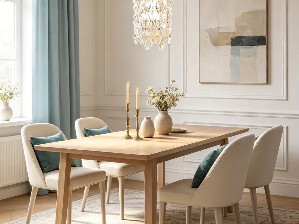 Upholstered dining chairs in cream with rounded backs, around a light wooden table by the window.