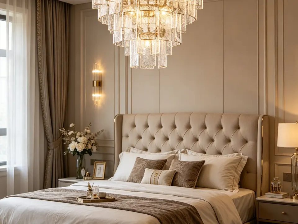 Layered bed linen, cushions and a throw on a bed with an upholstered headboard, all in warm neutral tones.