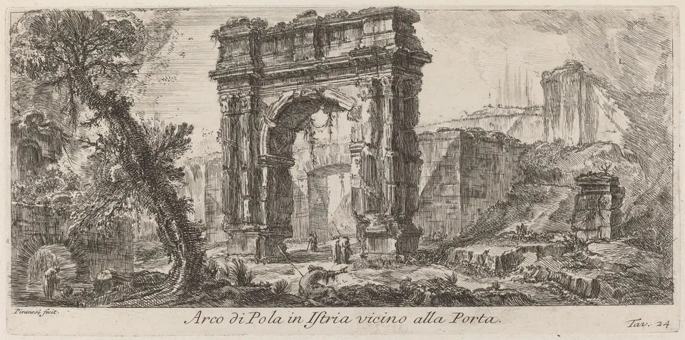 Piranesi's eighteenth-century etching of the Arch of the Sergii.